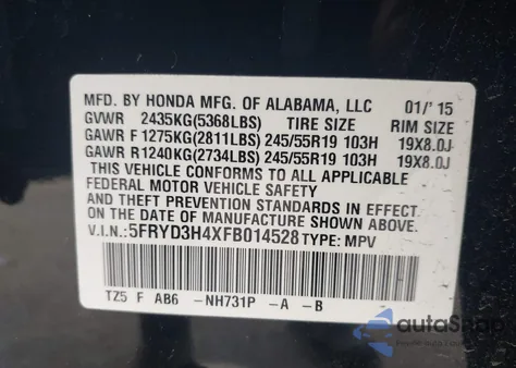 2015 Acura Mdx Technology Package from USA, damaged, VIN 5FRYD3H4XFB014528